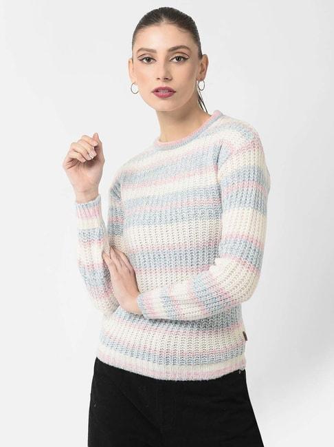 Crimsoune Club Beige & Blue Striped Knitted Sweater