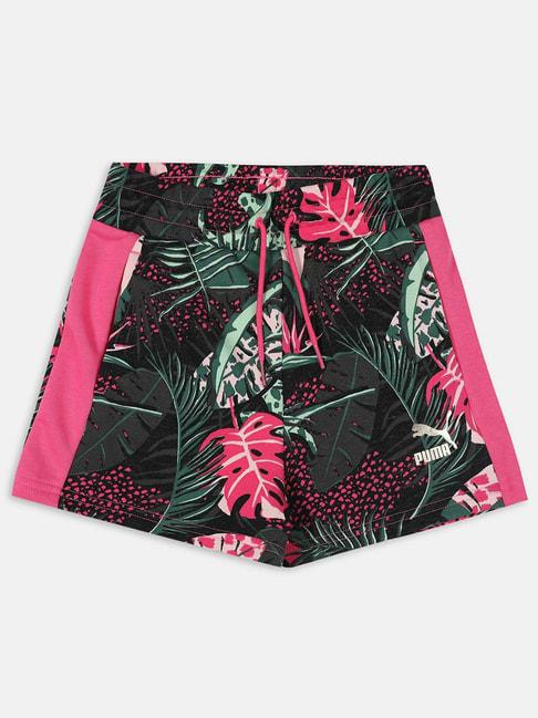 puma-kids-t7-vacay-queen-glowing-pink-&-green-cotton-floral-print-shorts