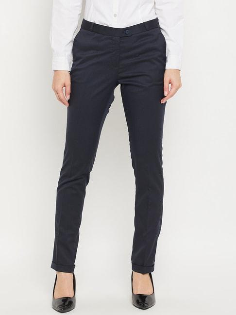 Crozo By Cantabil Dark Navy Mid Rise Flat Front Trousers