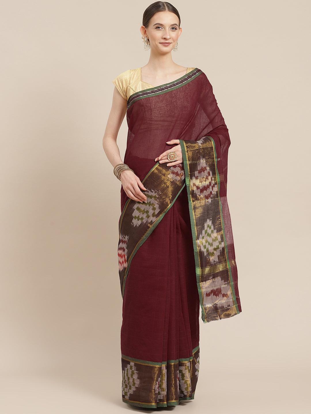 ishin-women's-cotton-blend-maroon-solid-woven-pochampally-saree-with-blouse-piece