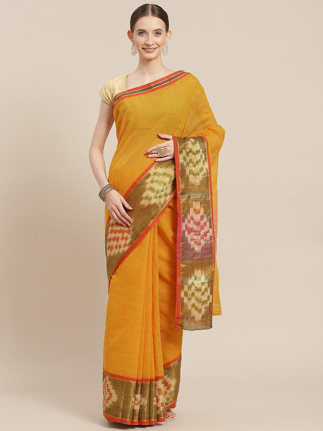 ishin-women's-cotton-blend-mustard-solid-woven-pochampally-saree-with-blouse-piece