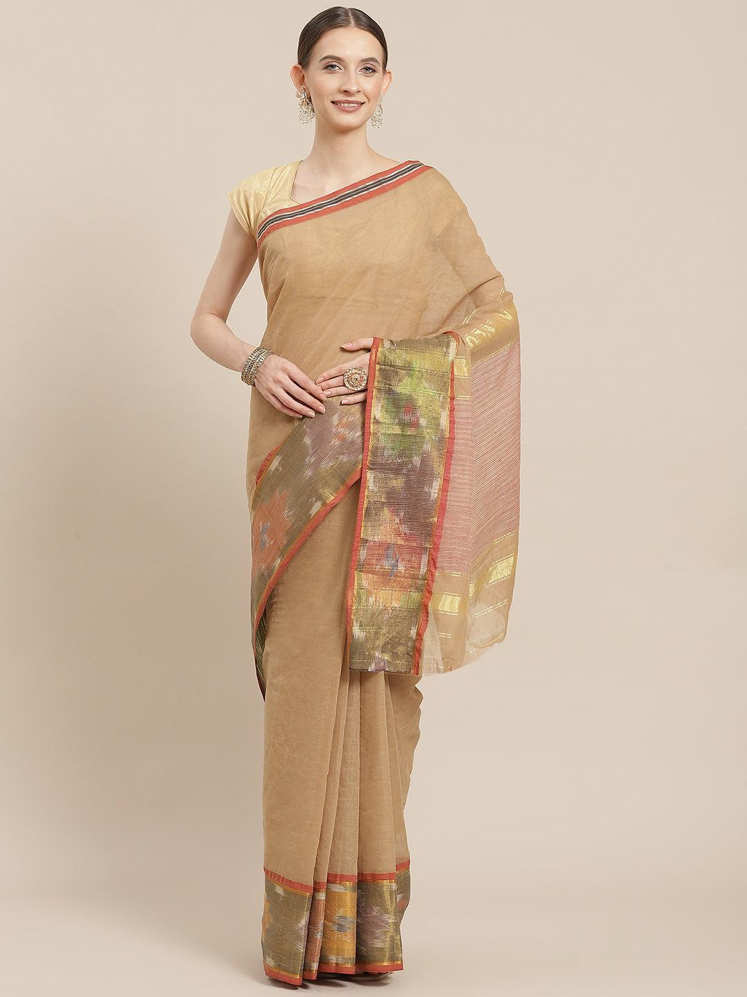 ishin-women's-cotton-blend-beige-solid-woven-pochampally-saree-with-blouse-piece