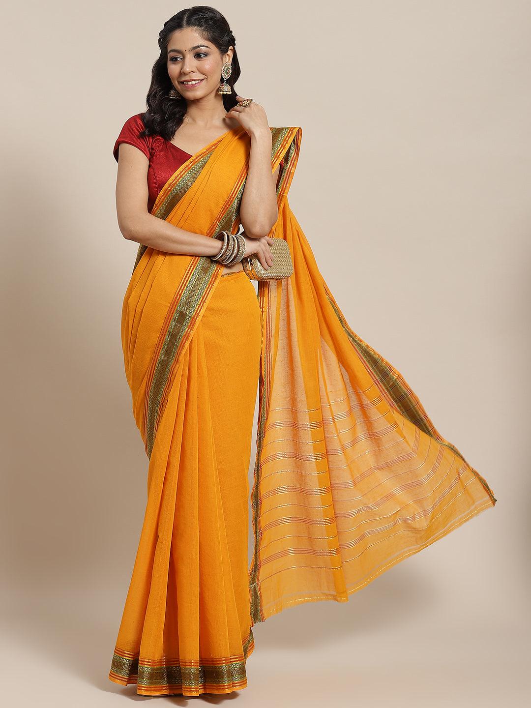 ishin-women's-cotton-blend-mustard-solid-woven-saree-with-blouse-piece