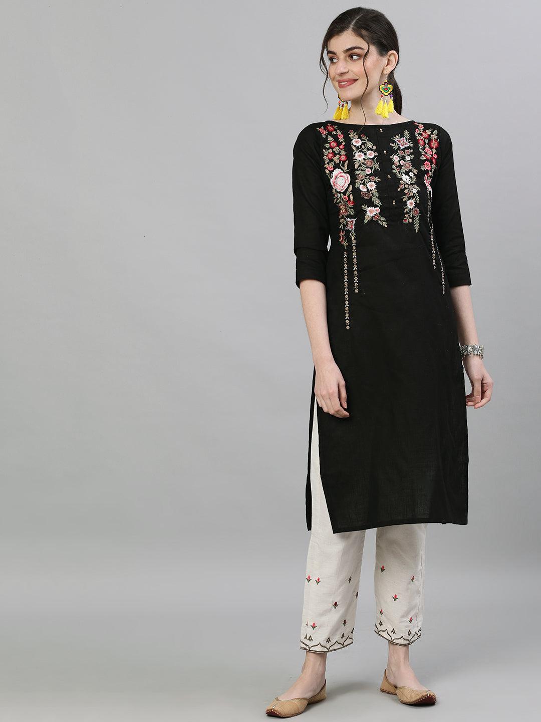 ishin-women's-cotton-black-&-off-white-embroidered-straight-kurta-trouser-set