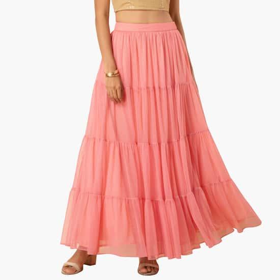 INDYA Women Solid Elasticated Tiered A-line Skirt