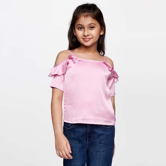 AND Girls Solid Ruffle Details Cold Shoulder Casual Top