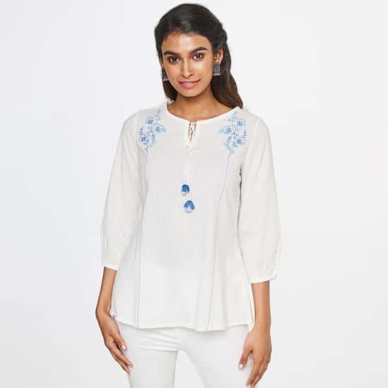 global-desi-women-embroidered-tie-up-neck-top