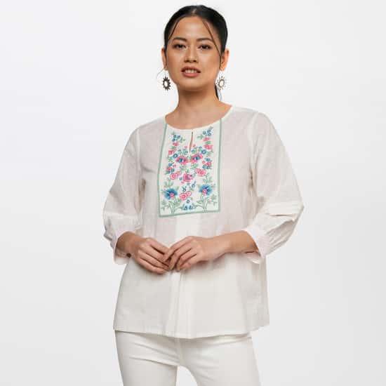 global-desi-women-floral-embroidered-three-quarter-sleeves-tunic