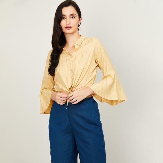 GLOBAL DESI Women Printed Shirt Style Crop Top with Bell Sleeves