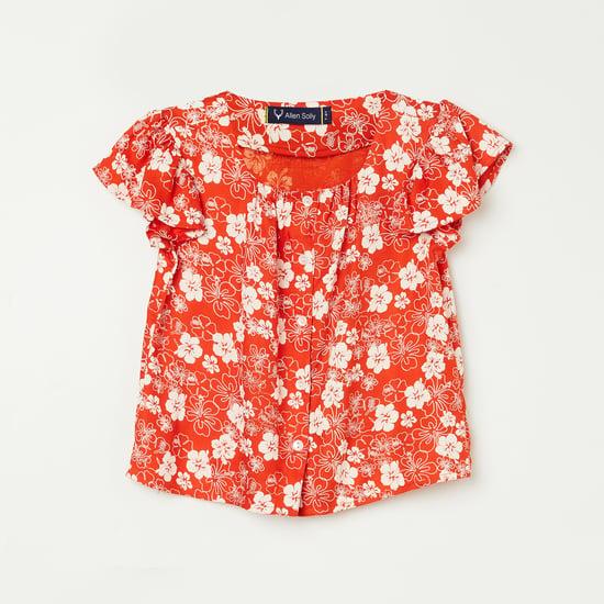 ALLEN SOLLY Girls Floral Printed Round Neck Casual Top