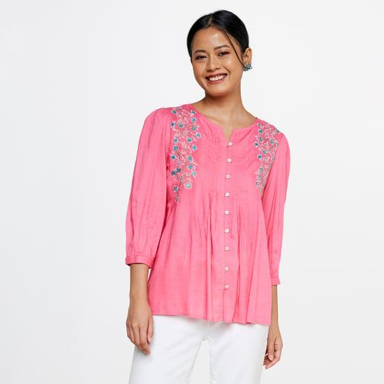 GLOBAL DESI Women Embroidered Notched Neck Ethnic Top