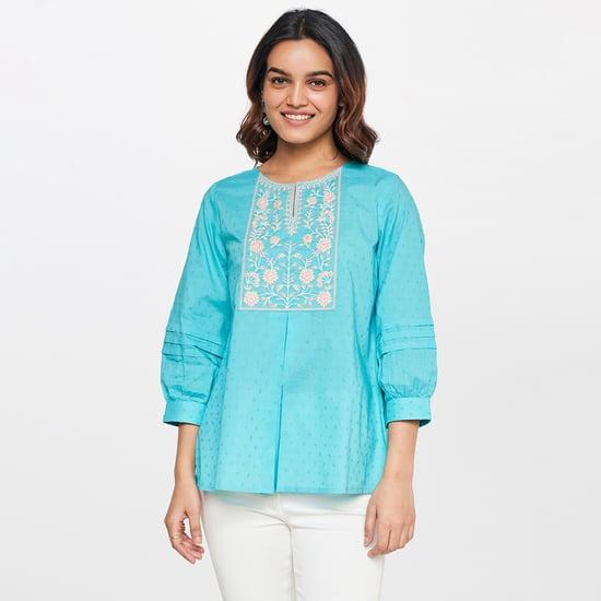 GLOBAL DESI Women Embroidered Keyhole Neck A-Line Tunic