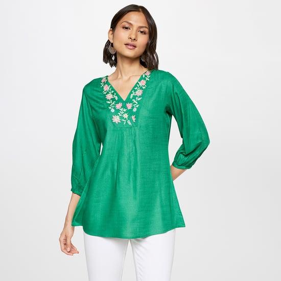 GLOBAL DESI Women Embroidered V-Neck Casual Top