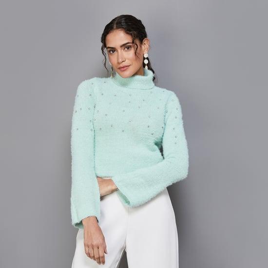 code-women-embellished-turtle-neck-sweater-top