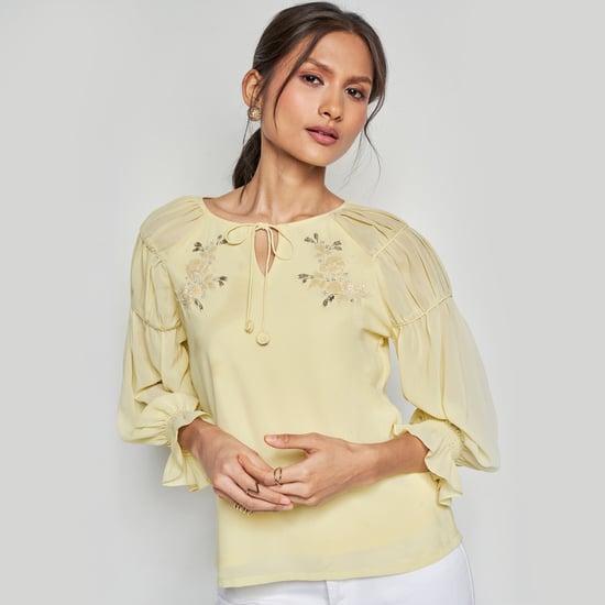 AND Women Embroidered Tie-Up Neck Top
