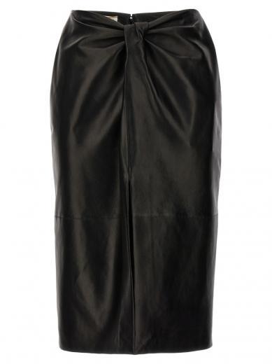black-ruched-detail-leather-skirt
