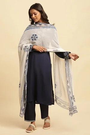 White Georgette Dupatta With Blue Floral Print