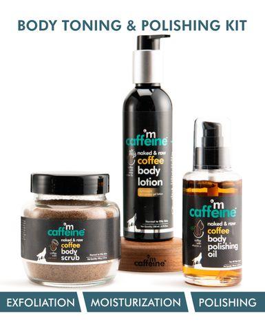 mCaffeine Coffee Body Toning & Polishing Kit | Nourishing, Tan Removal, Moisturization | Body Oil, Body Scrub, Body Lotion | Paraben & Mineral Oil Free 400 gm