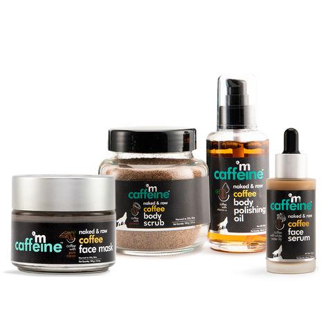 mCaffeine Must-Have Coffee Winter Skincare Set for Face and Body | Exfoliates, Moisturizes, Hydrates | Face Mask, Body Scrub, Body Oil, Face Serum 340 gm