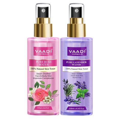Vaadi Herbals Pack of 2 - Rose Water & Lavender Water - 100% Natural & Pure (250 ml x 2)