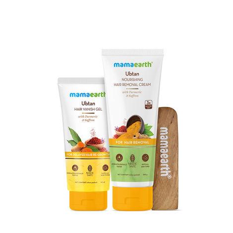 Mamaearth Ubtan Nourishing Hair Removal Cream Kit, for all skin types, Made Safe Certified with Turmeric & Saffron, with Hair Vanishing Gel & Wooden Spatula