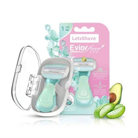 LetsShave Evior Flyyy Compact Razor for Women with Travel Case 3 Blade Full Body Hair Removal Razor for Girls Wide Head & OpenFlow Cartridge Dual Avocado Moisturizing Bars & Ergonomic Rubber Grip Handle