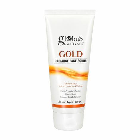 Globus Naturals Gold Radiance Anti Ageing & Brightening Face Scrub Enriched with Saffron, Liquorice & Walnut, Fights Premature Ageing, Boosts Glow, Provides Deep Exfoliation, All Skin Types, 100 gms