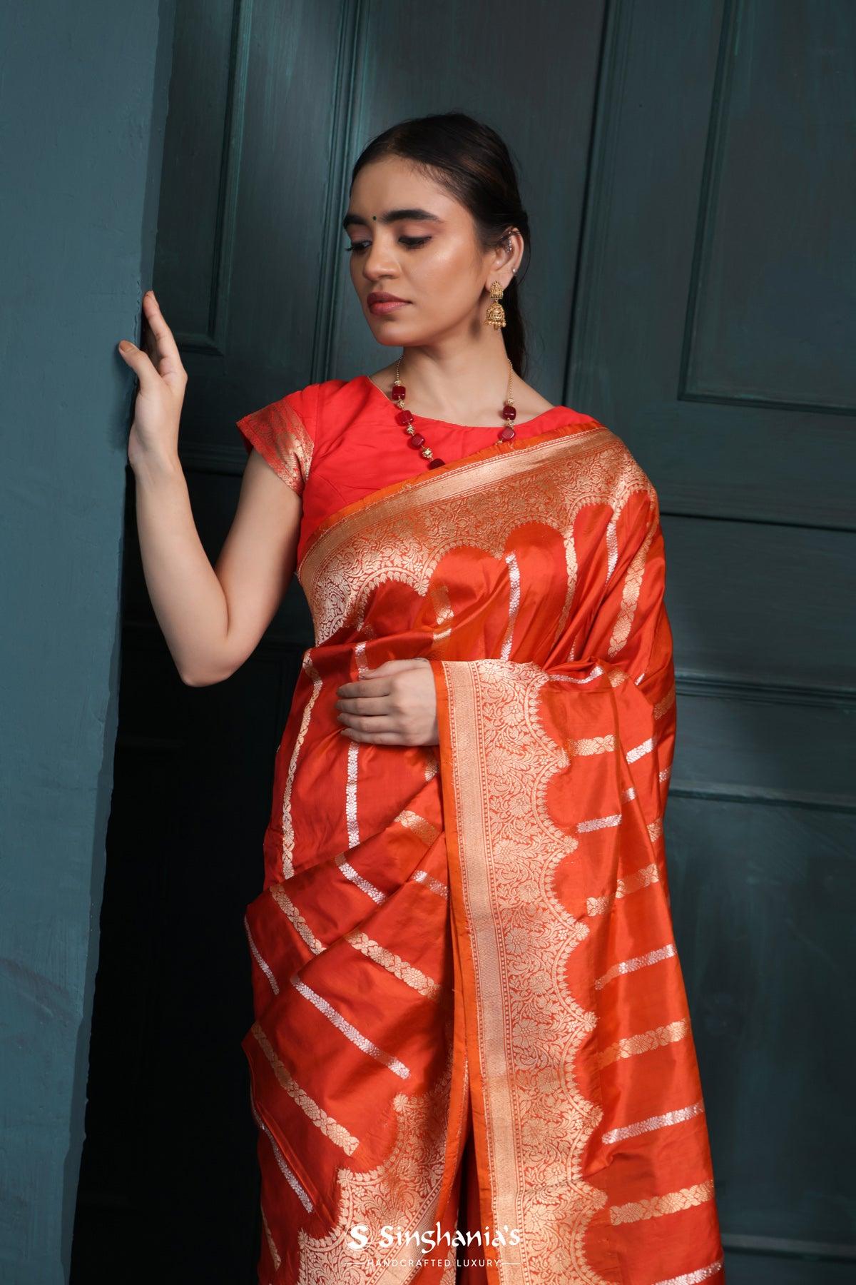flame-orange-banarasi-silk-saree-with-stripes-design