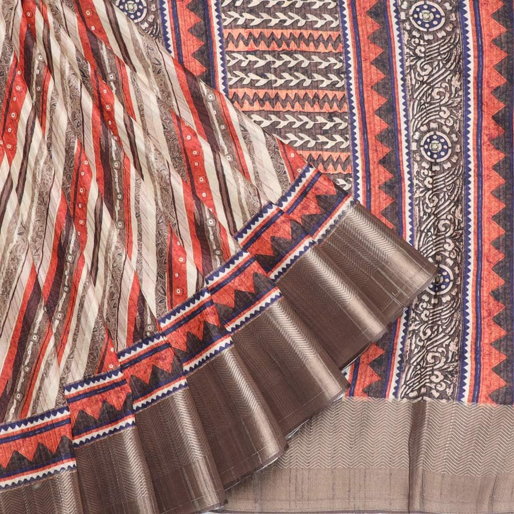 Off-White Multicolor Tussar Printed Saree With Diagonal Stripes Pattern
