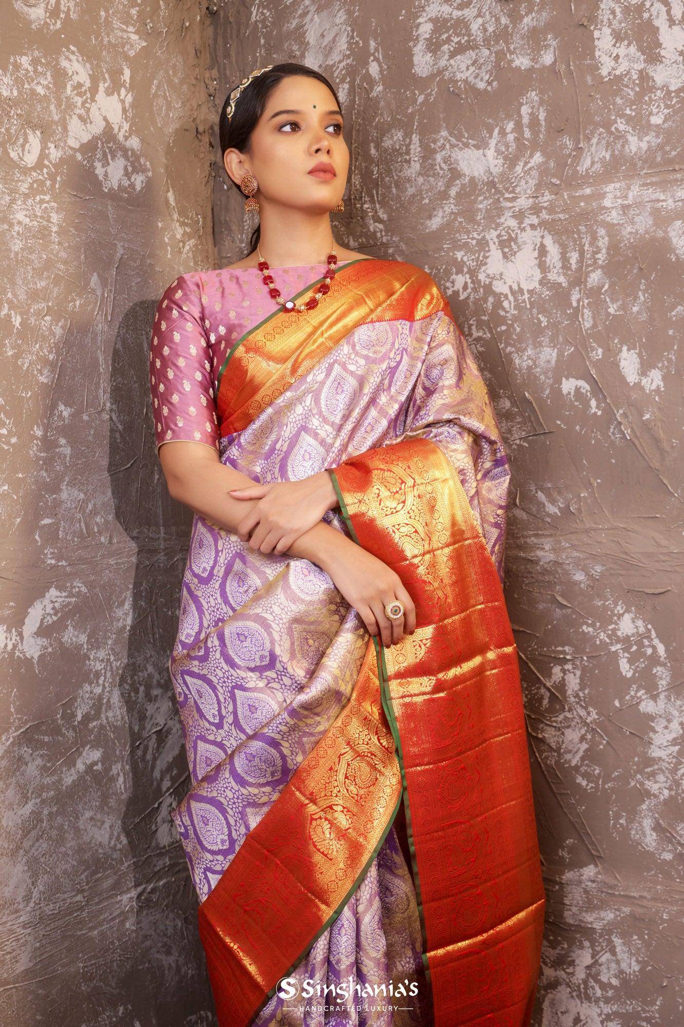 Plum Purple Tissue Kanjivaram Silk Saree With Floral Jaal Design