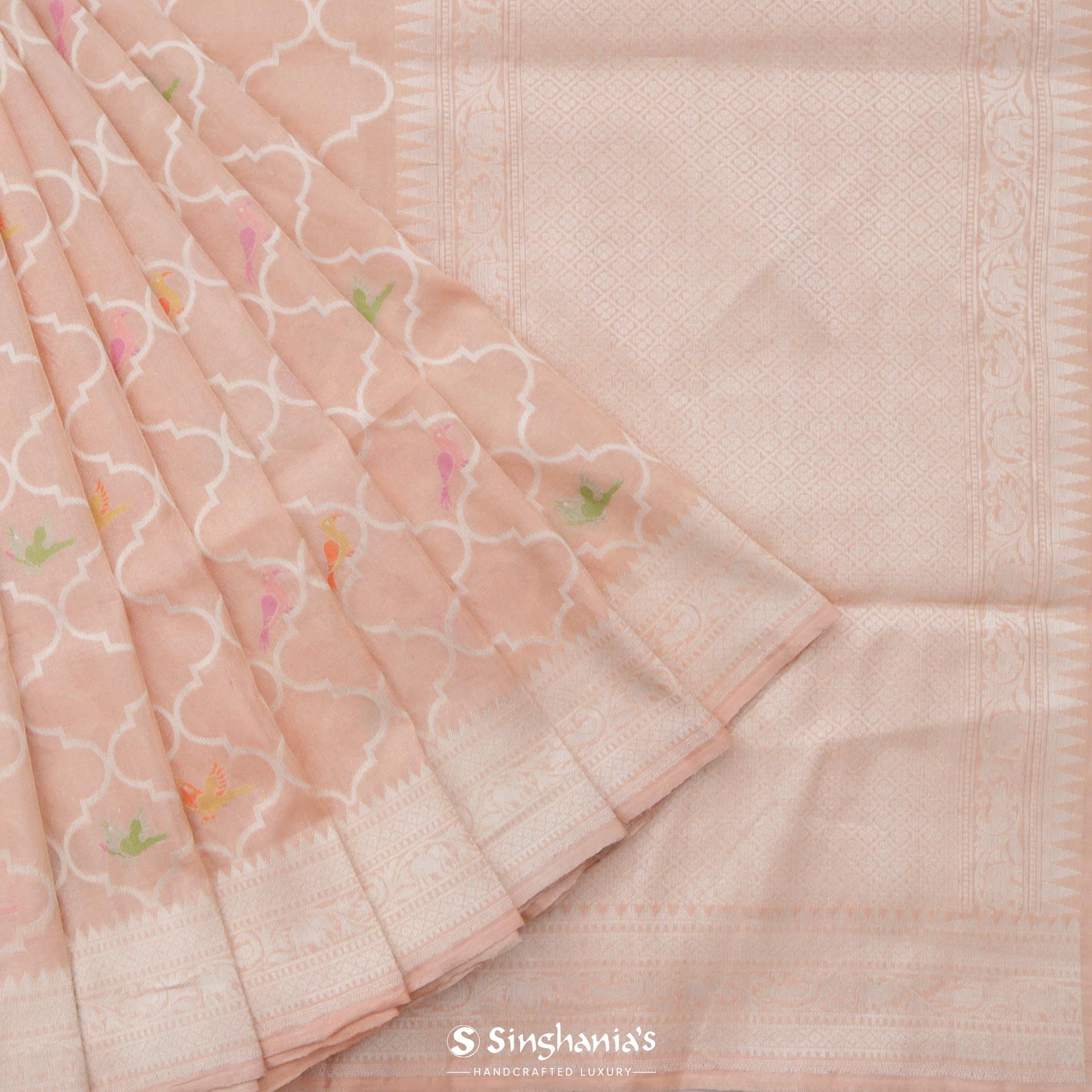 Melon Pink Banarasi Tissue Saree With Floral Jaal Design