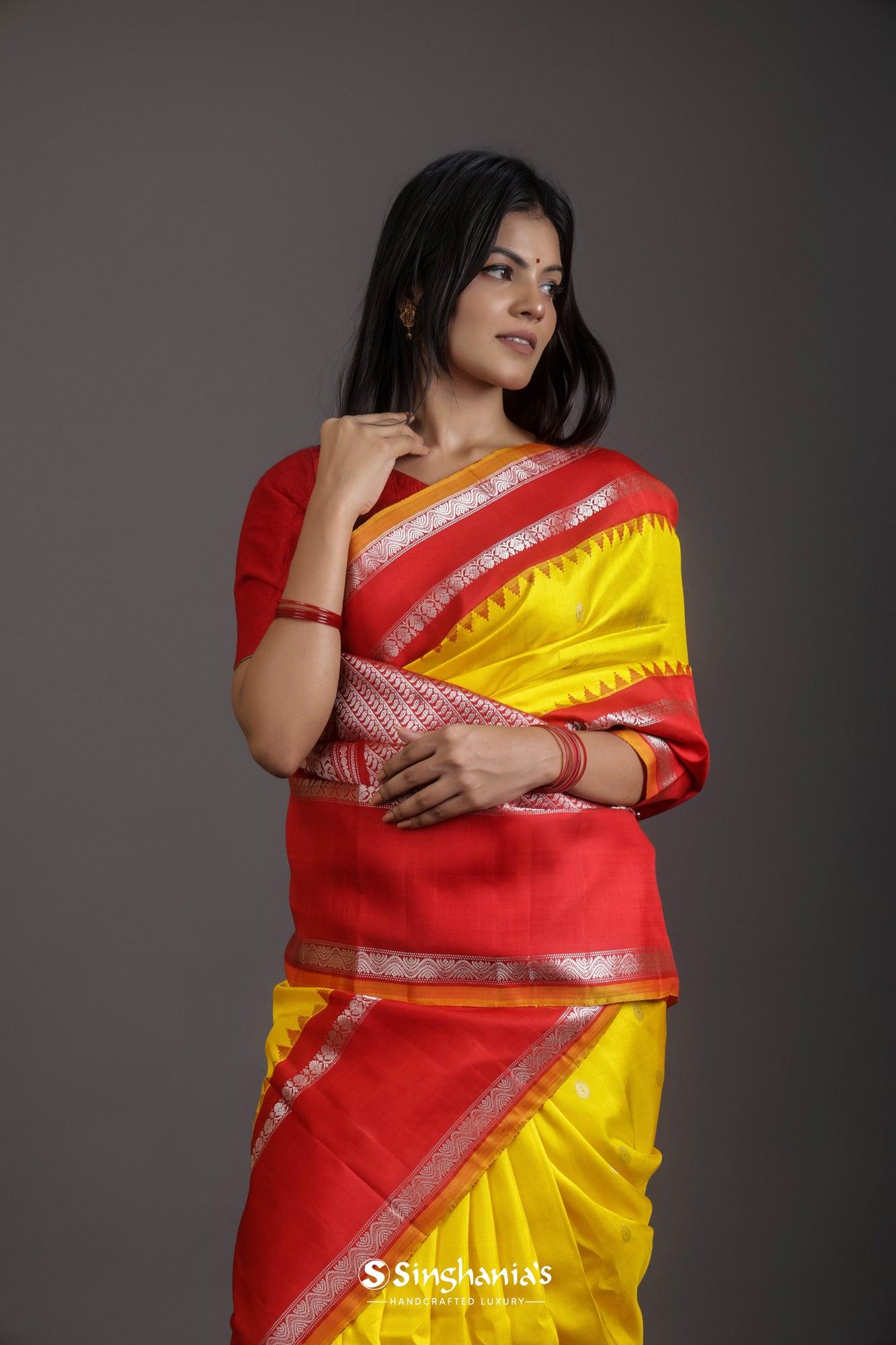 canary-yellow-gadwal-silk-saree-with-floral-buttis