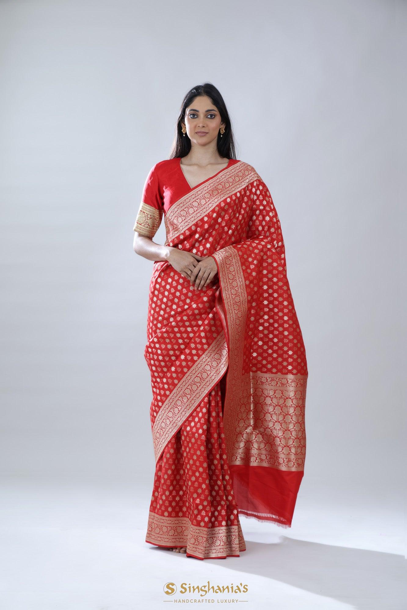 chilli-red-katan-banarasi-silk-saree-with-floral-jaal