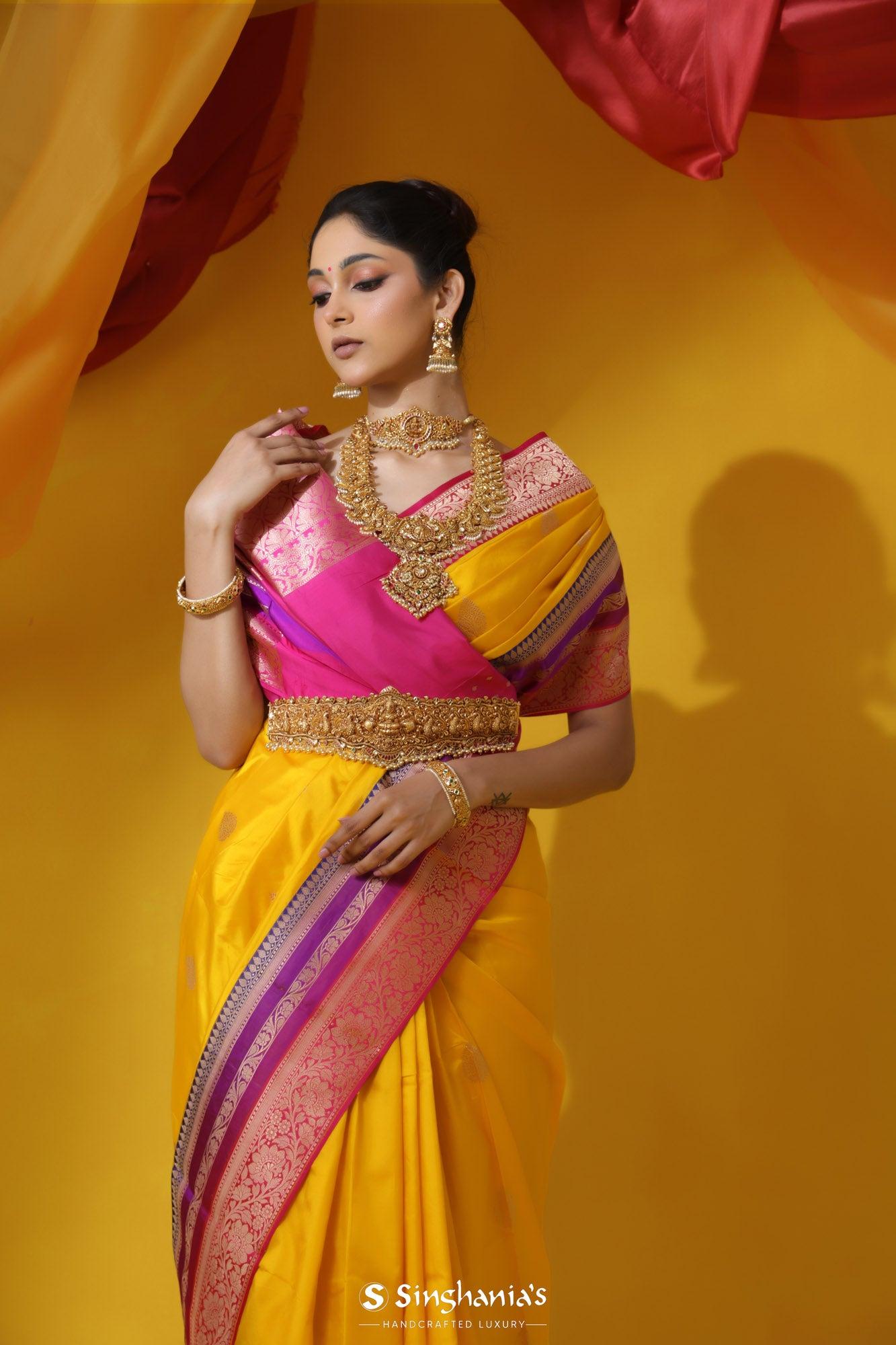 vibrant-yellow-banarasi-silk-saree-with-floral-buttas-design