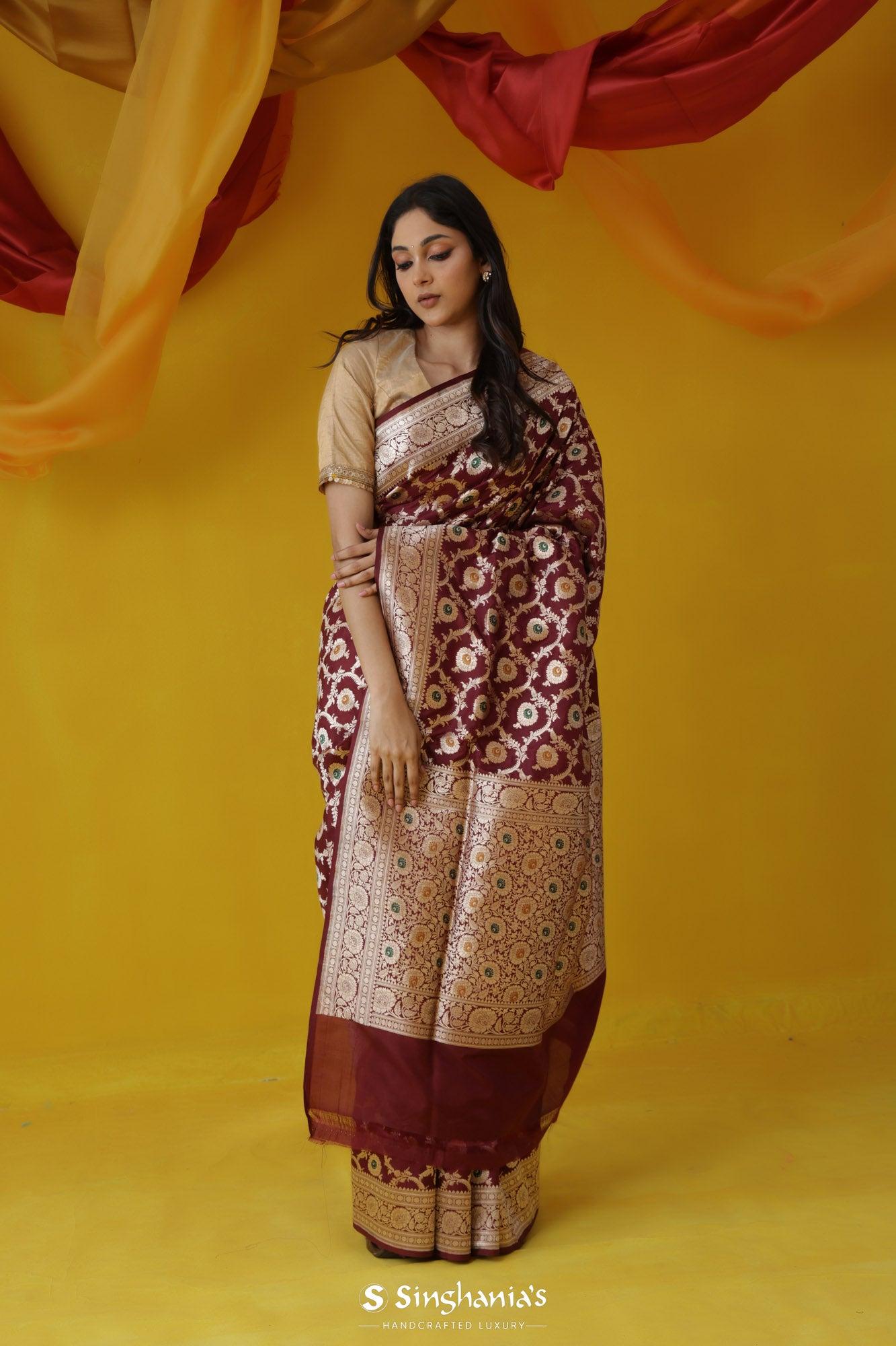 royal-maroon-banarasi-silk-saree-with-floral-jaal-pattern