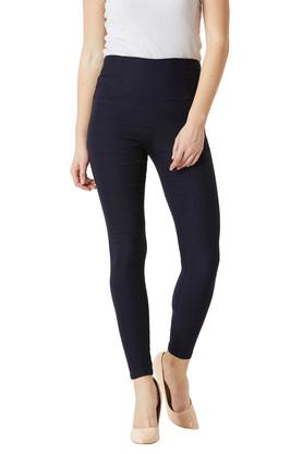 Womens Relaxed Fit High Waist Coated Jeggings with Patch Pocket - Navy