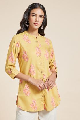 Printed Rayon Mandarin Women's Tunic - Yellow