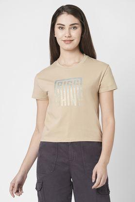 Printed Cotton Round Neck Women's T-Shirt - Natural
