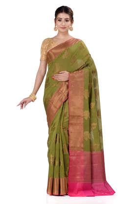 women's-green-antique-zari-mughal-buta-banarasi-silk-saree-with-blouse-piece---green