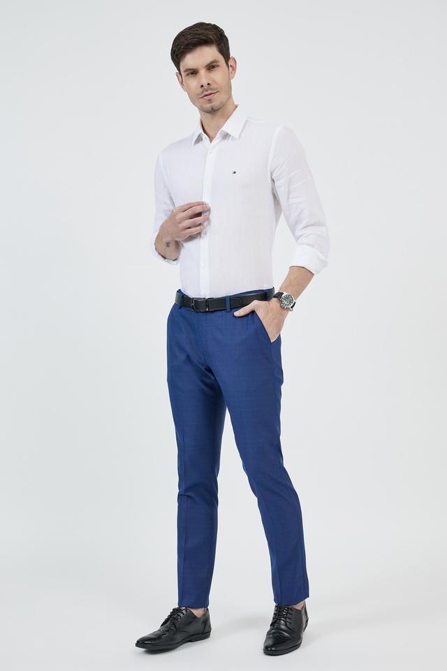 Solid Polyester Viscose Slim Fit Mens Trousers - Navy