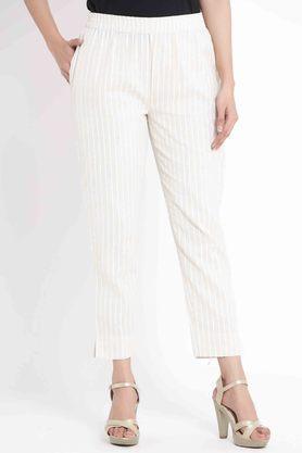 Striped Slim Fit Cotton Flex Womens Casual Trousers - Natural
