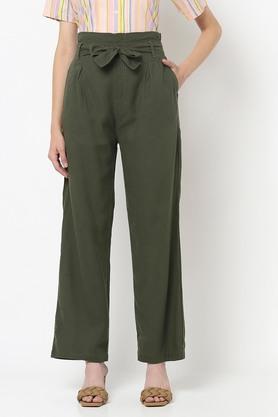 Solid Lyocell Relaxed Fit Women's Palazzo - Olive