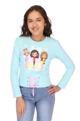 Embellished Polyester Round Neck Girls Sweatshirt - Aqua