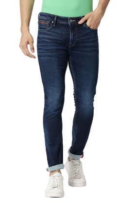 Mid Wash Polyester Cotton Tapered Fit Men's Jeans - Blue