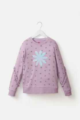 Embellished Cotton Round Neck Girls Sweatshirt - Lilac