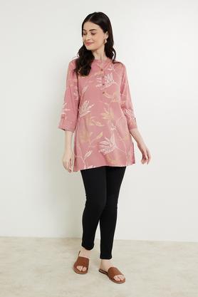Printed Rayon Mandarin Women's Tunic - Pink