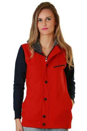Solid Blended Hooded Women's Jacket - Red