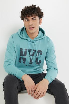 Printed Blended Hooded Men's Sweatshirt - Teal