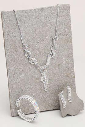 Silver Plated Party Designer Stone Necklace, Earring and Bracelet Set For Women