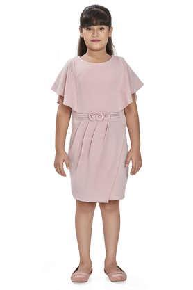 solid-cotton-blend-round-neck-girl's-party-wear-dress---pink
